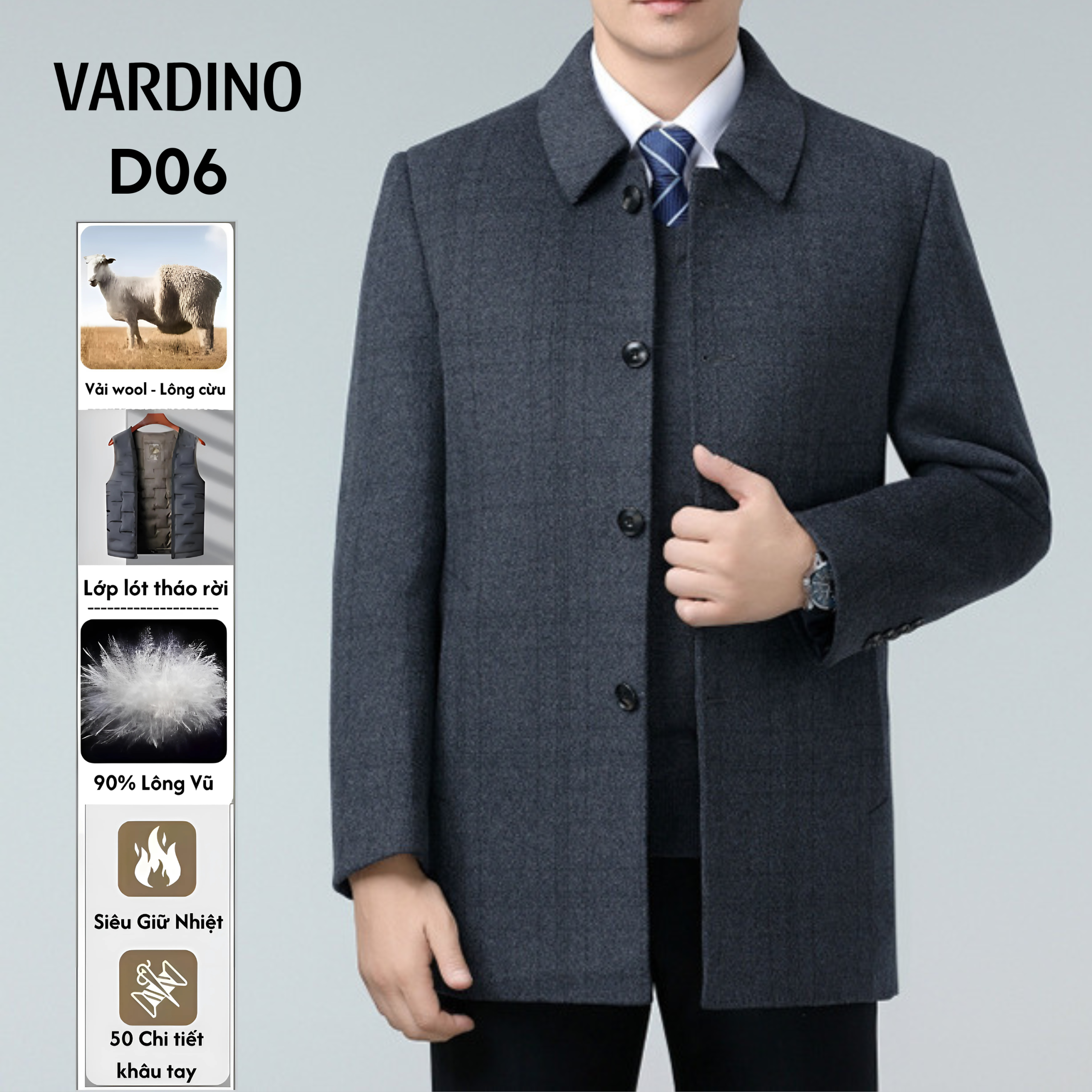 Áo dạ nam dáng ngắn cao cấp Vardino D06