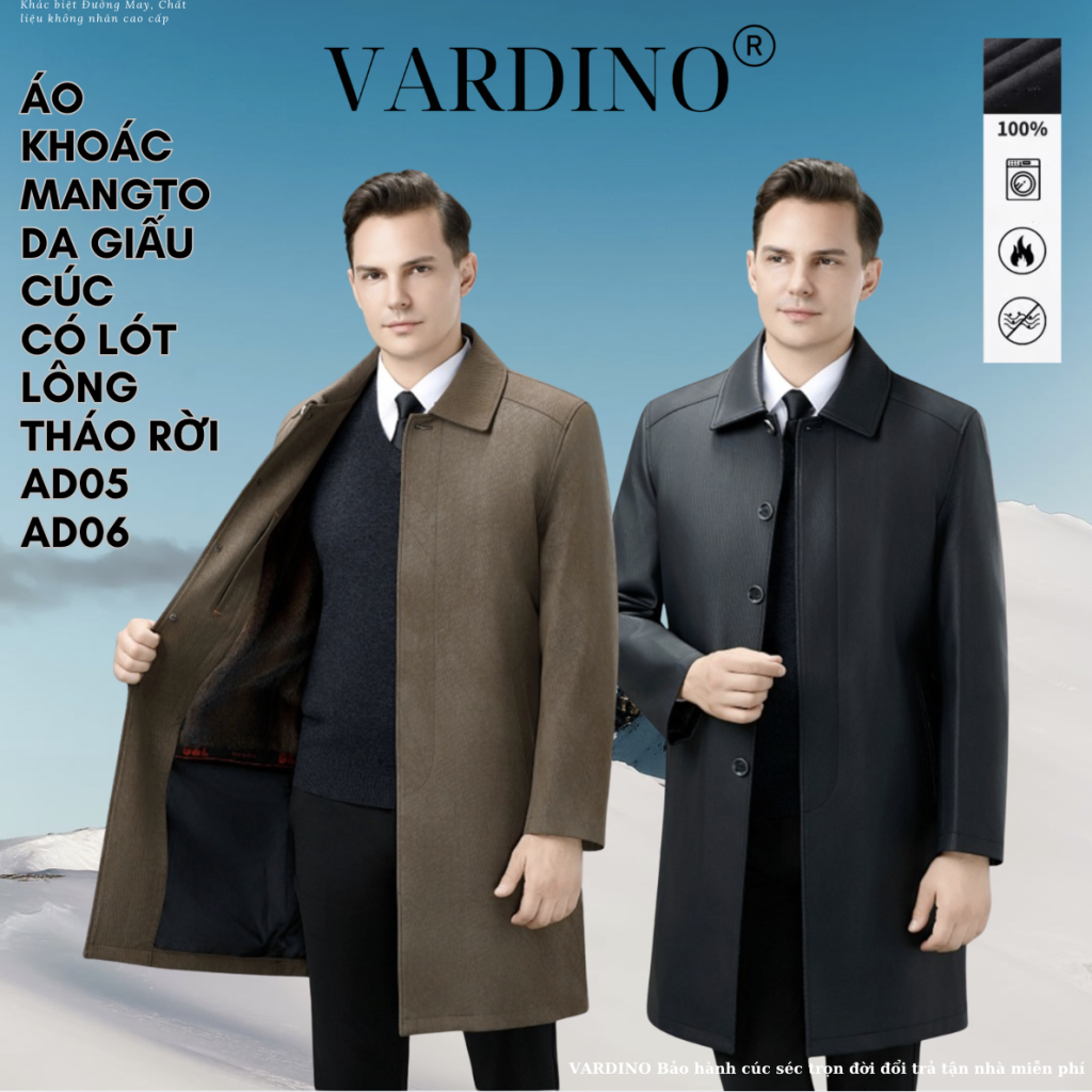 Áo da nam dáng dài giấu cúc có lót tháo rời Vardino AD05-AD06 1