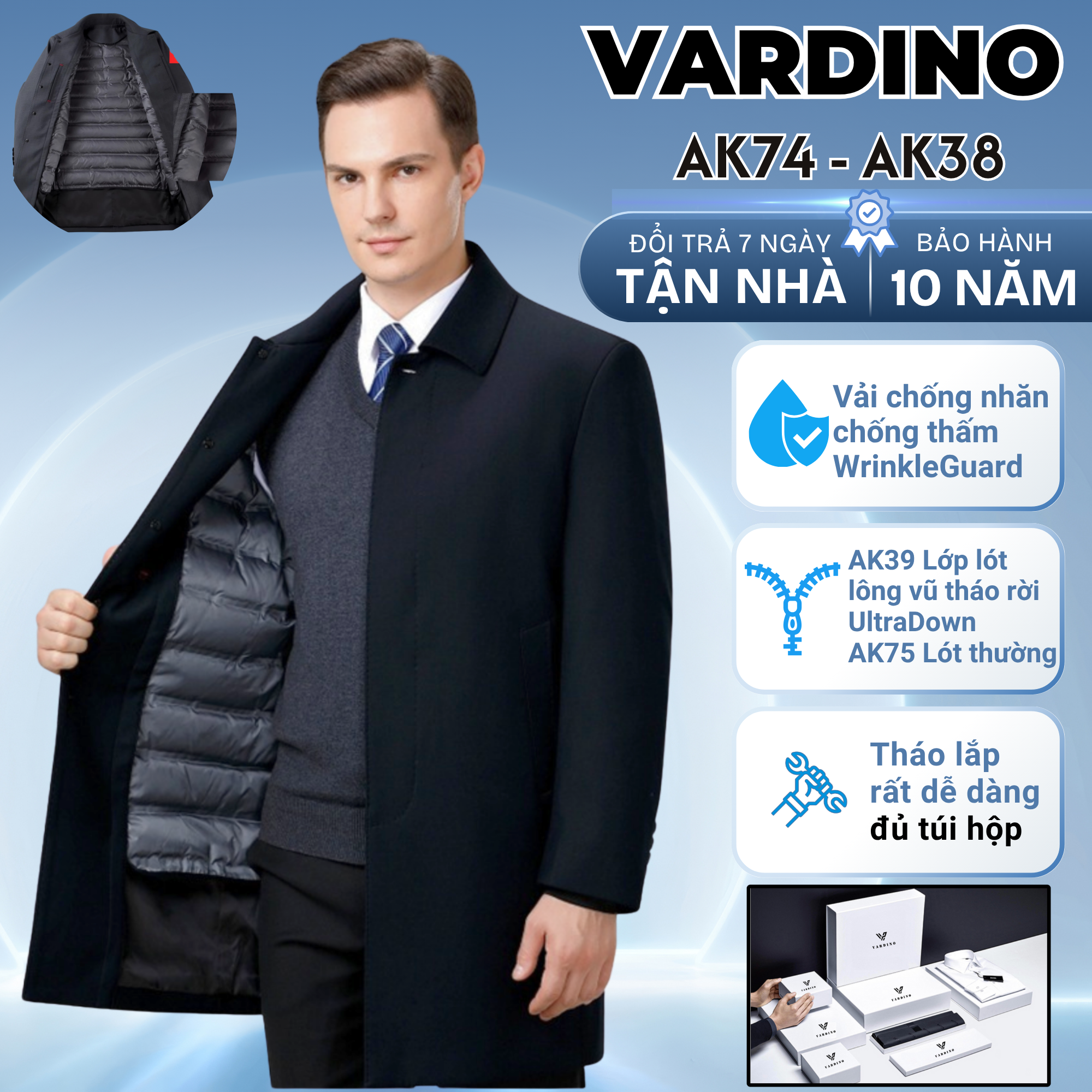 áo mangto nam chống nhăn có lót lông vũ tháo rời Vardino AK38-AK39