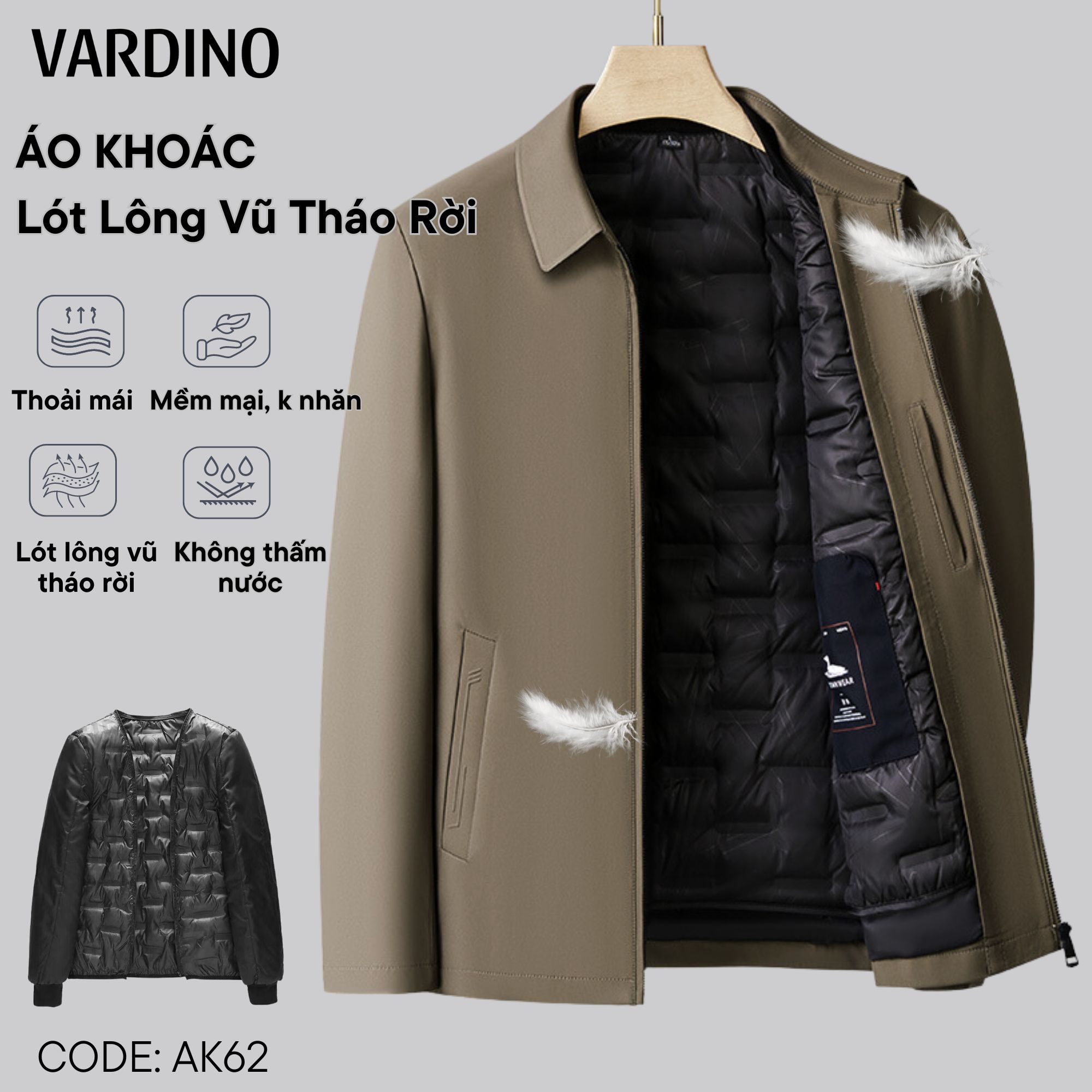 Áo khoác nam trung niên công sở lót lông vũ tháo rời cổ bẻ Vardino AK58-AK62