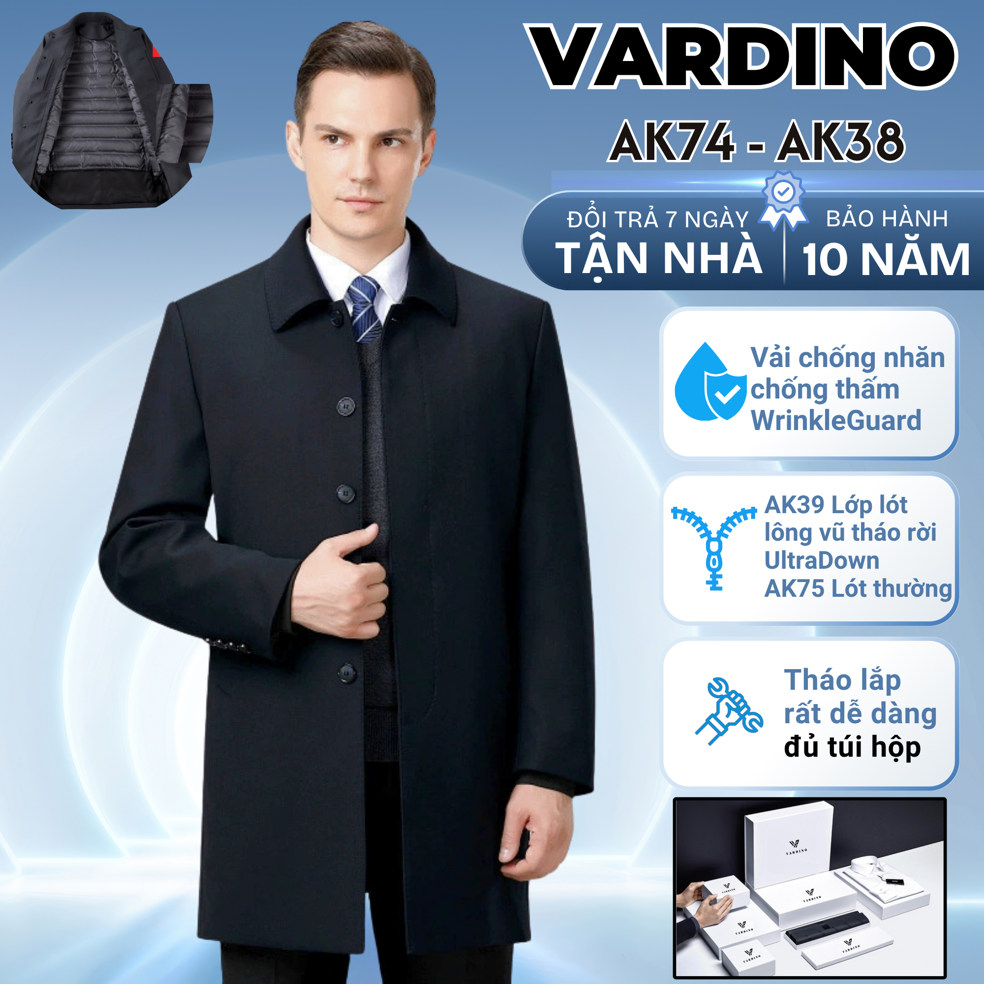 áo mangto nam chống nhăn có lót lông vũ tháo rời Vardino AK38-AK39