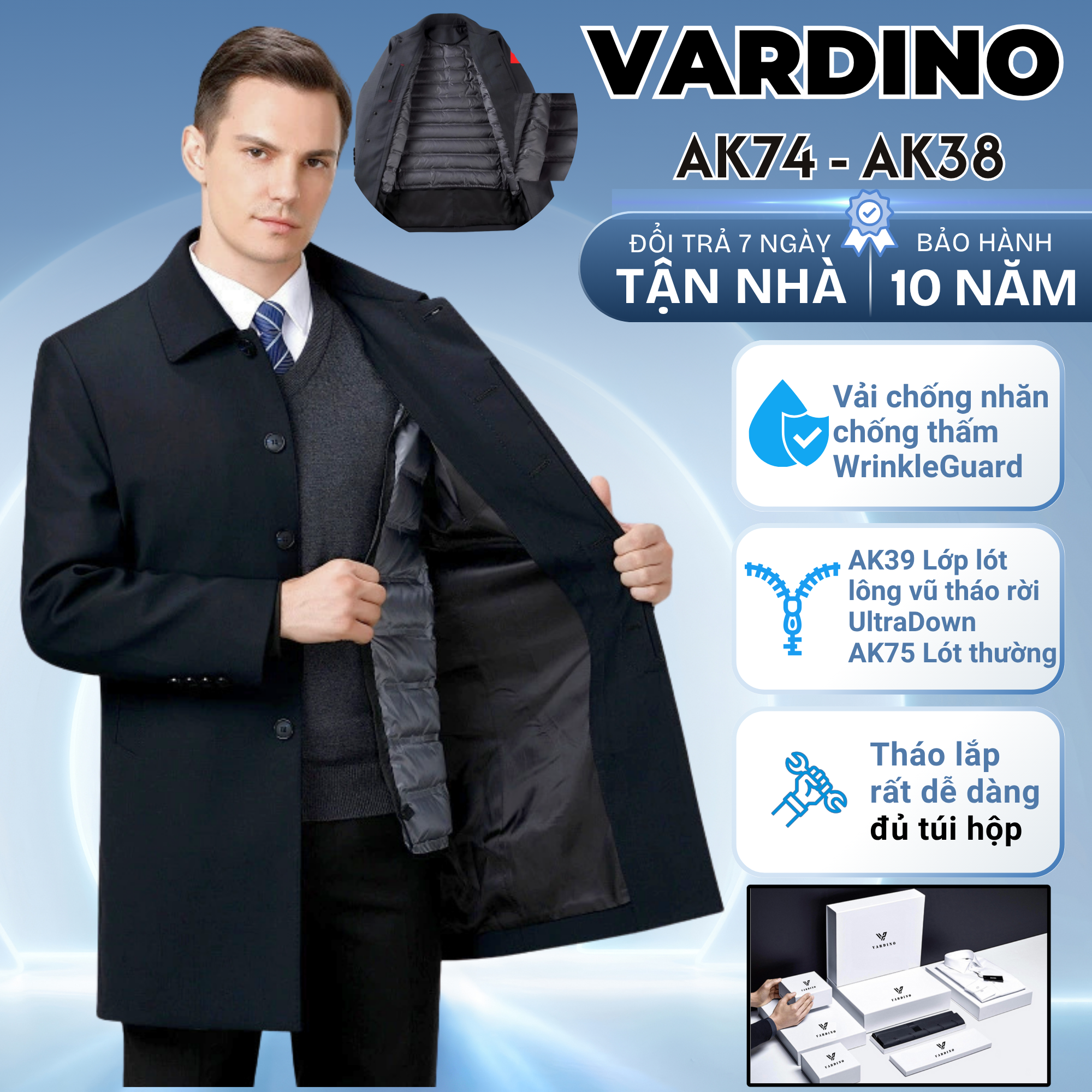 áo mangto nam chống nhăn có lót lông vũ tháo rời Vardino AK38-AK39