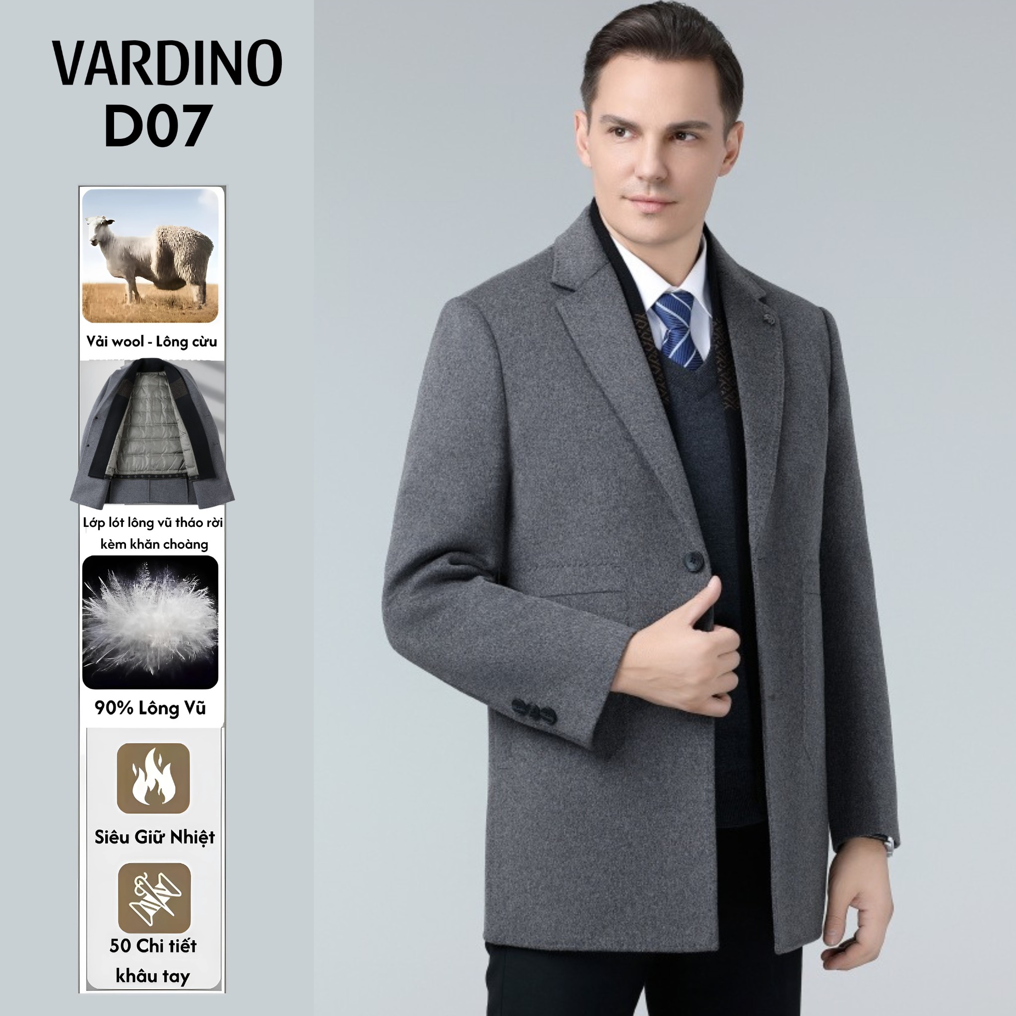 Áo dạ nam trung niên cao cấp có khăn và lót lông vũ tháo rời Vardino D070813