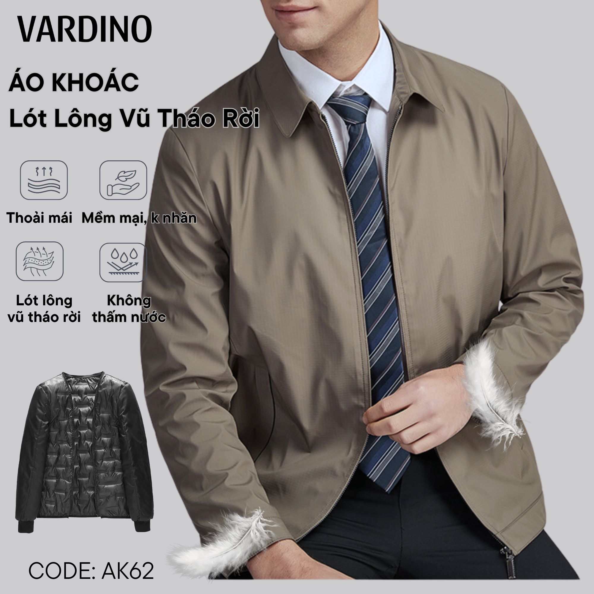 Áo khoác nam trung niên công sở lót lông vũ tháo rời cổ bẻ Vardino AK58-AK62