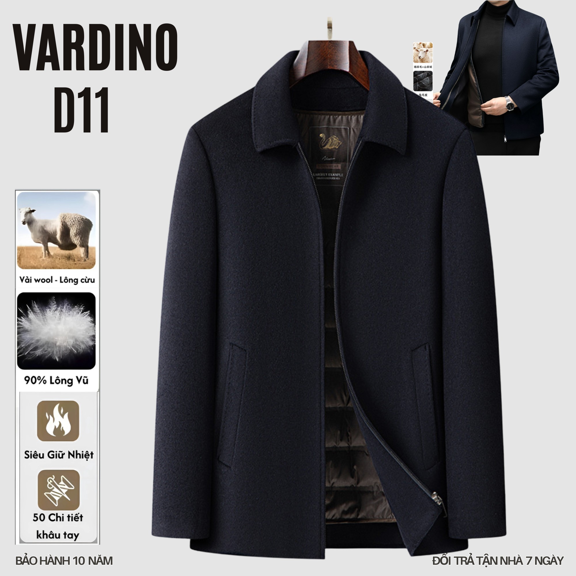 Áo khoác dạ nam có lót lông vũ tháo rời VARDINO D1112