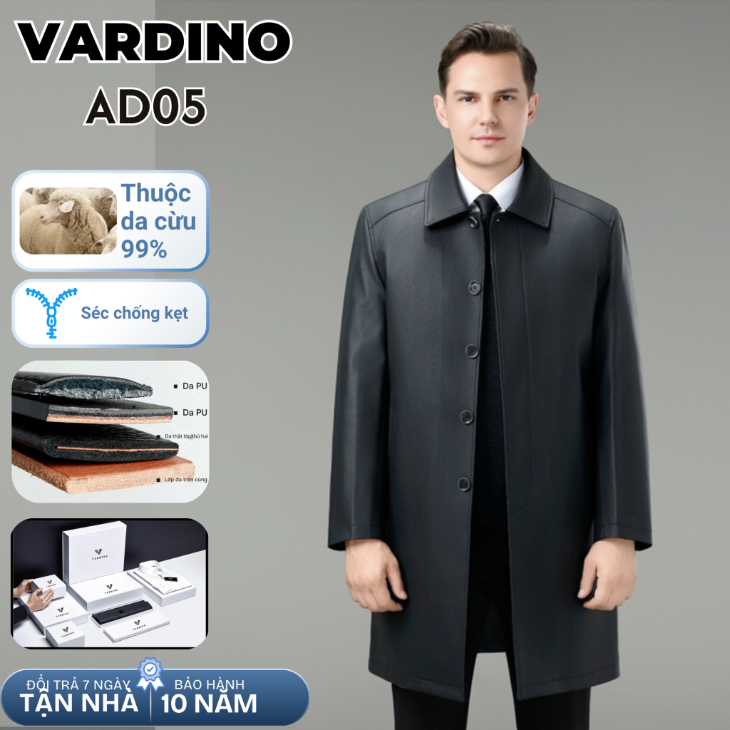 Áo da nam dáng dài giấu cúc có lót tháo rời Vardino AD05-AD06 2