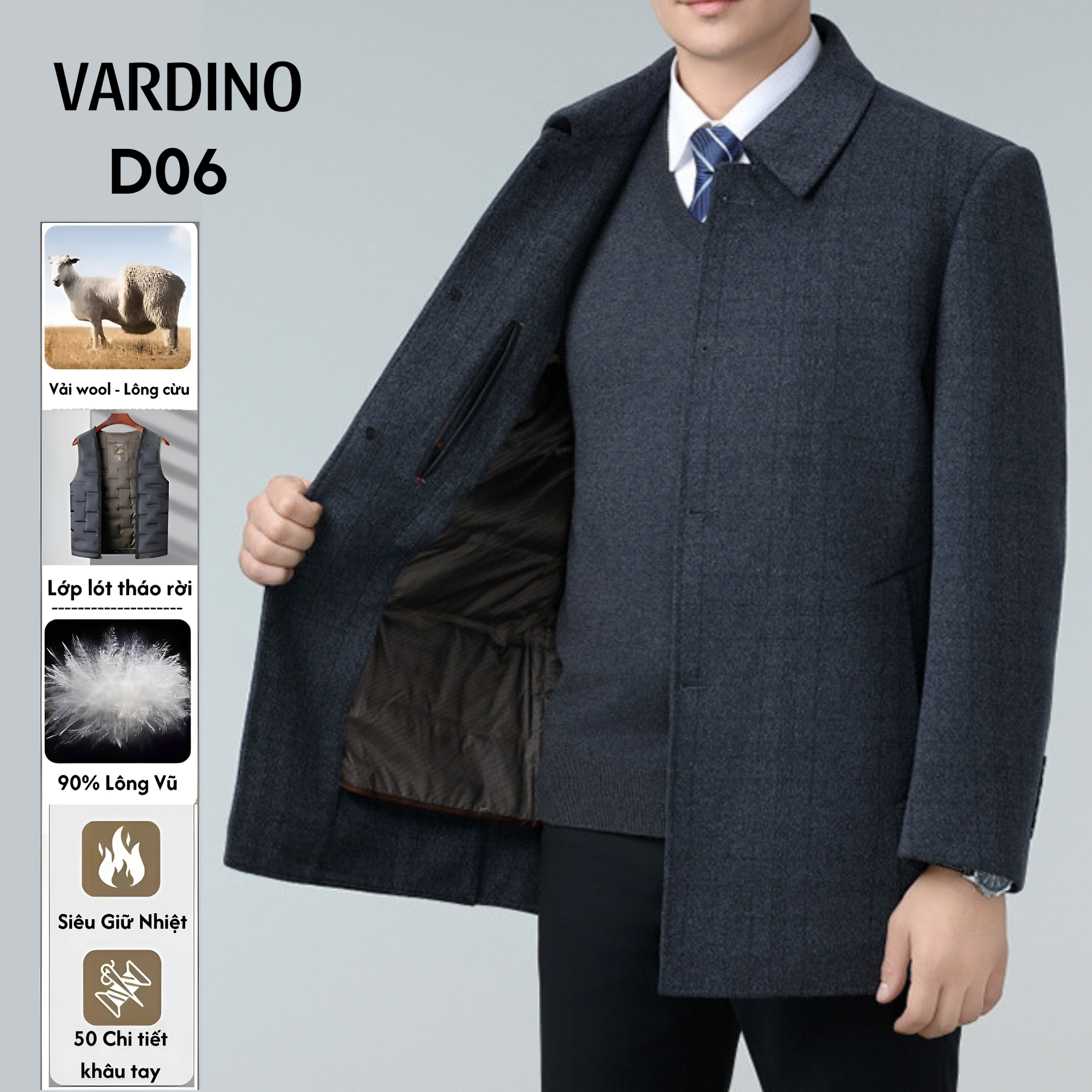 Áo dạ nam dáng ngắn cao cấp Vardino D06