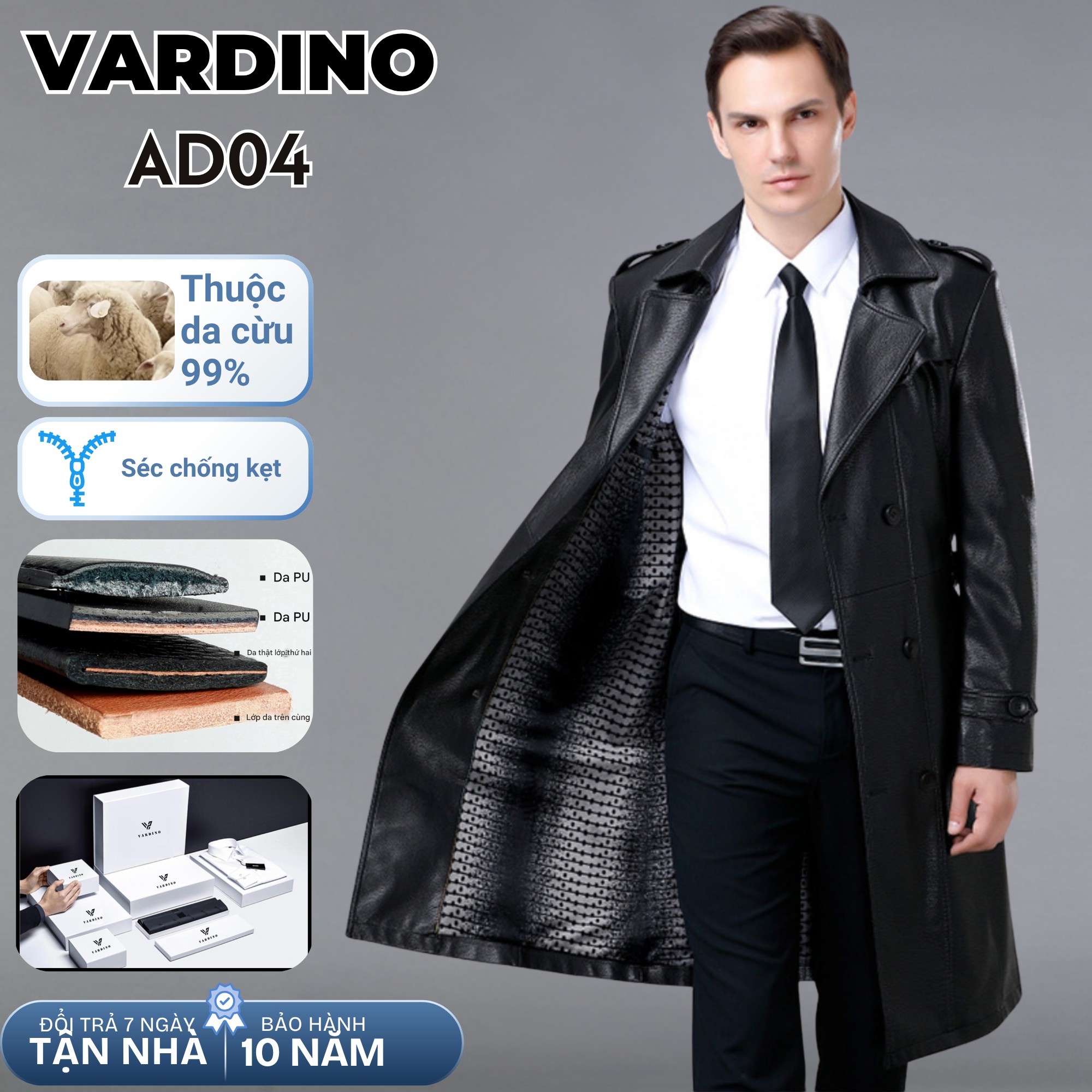 Áo da nam dáng dài Vardino AD04