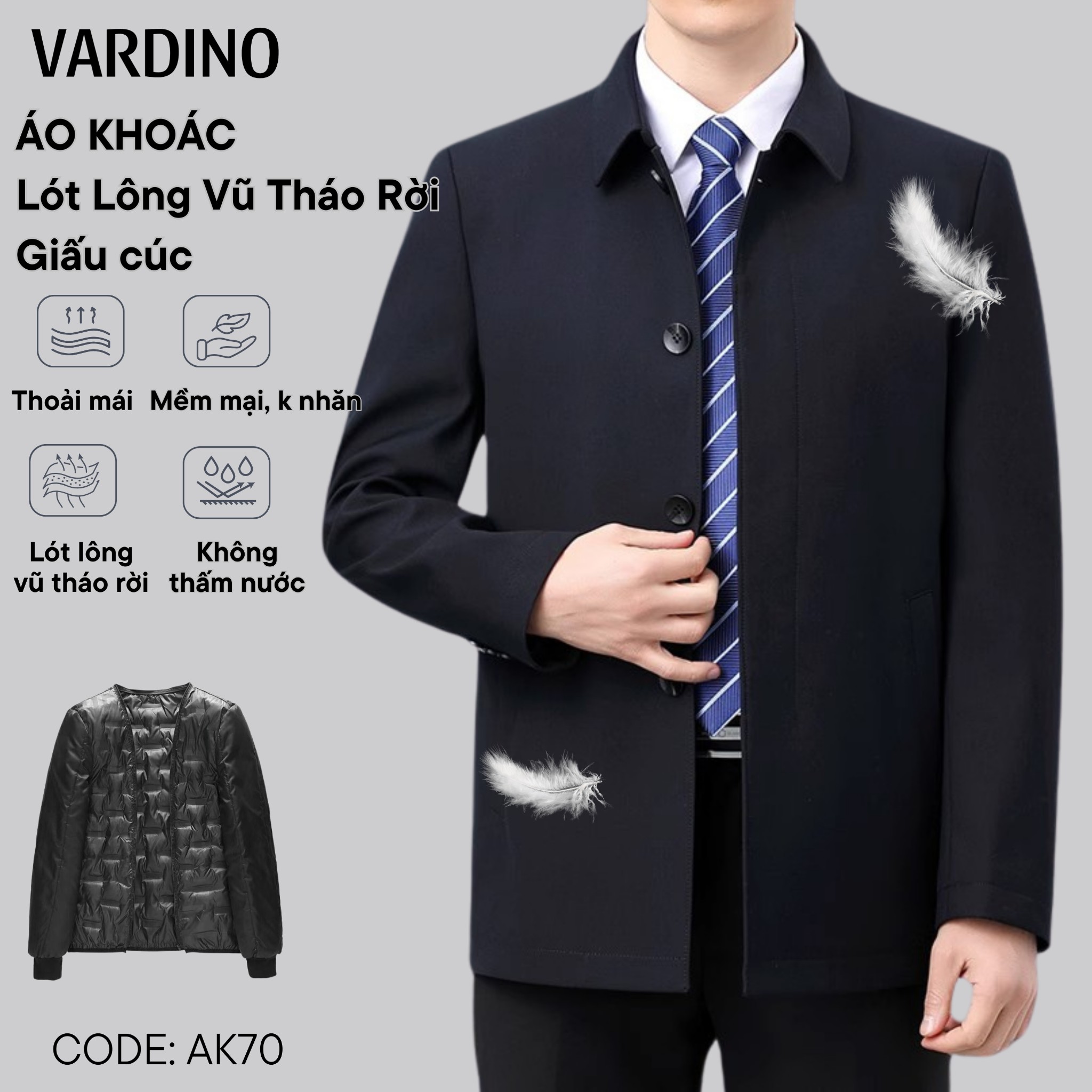 Áo khoác nam chính hãng giấu cúc có lót lông vũ tháo rời Vardino AK7071 - Ảnh 4