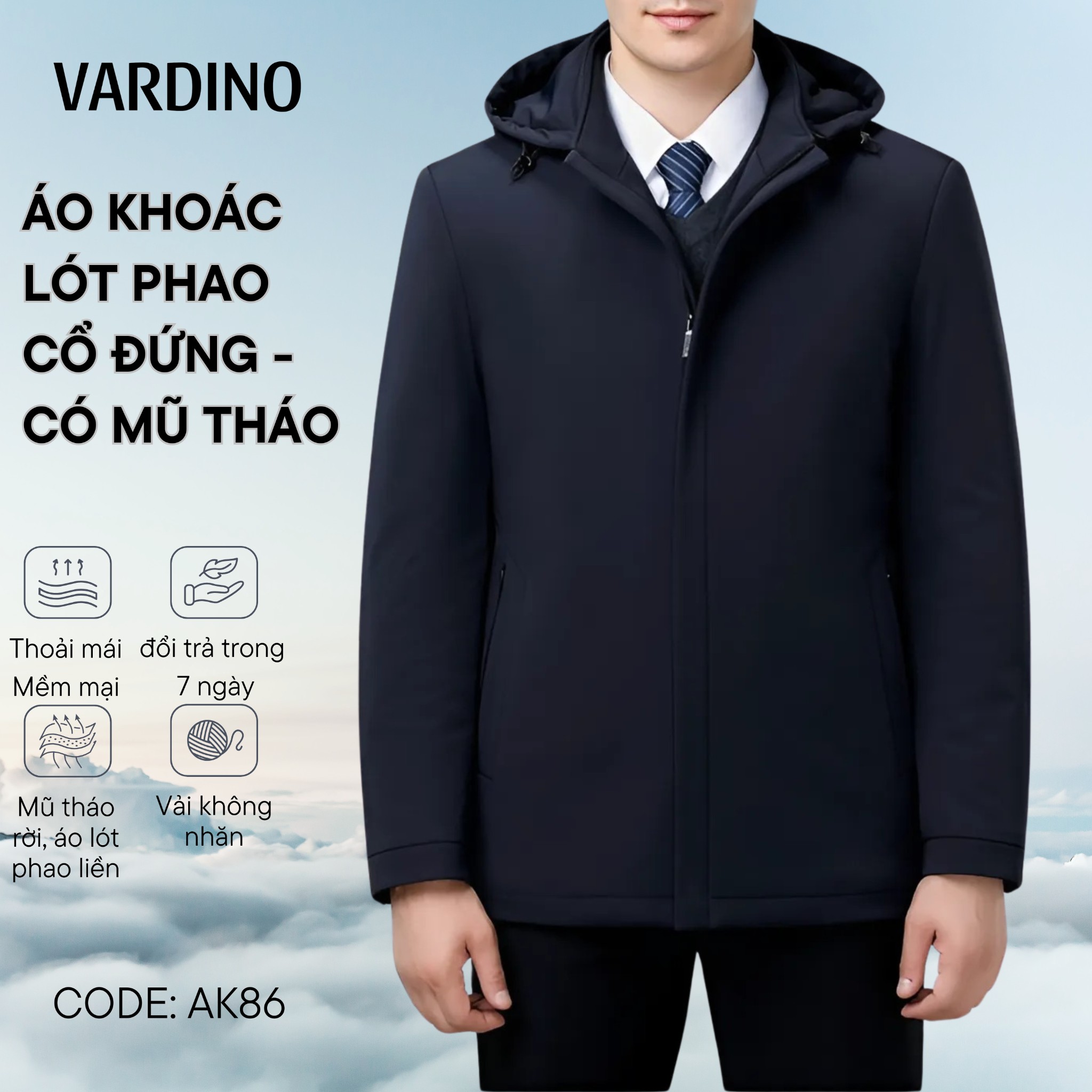 Áo khoác jacket nam có mũ tháo Vardino AK86