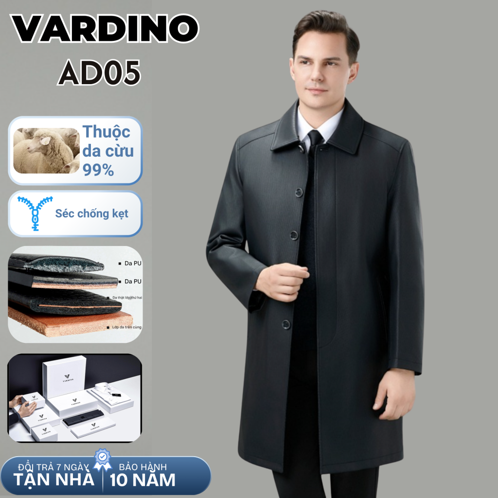 Áo da nam dáng dài giấu cúc có lót tháo rời Vardino AD05-AD06 3