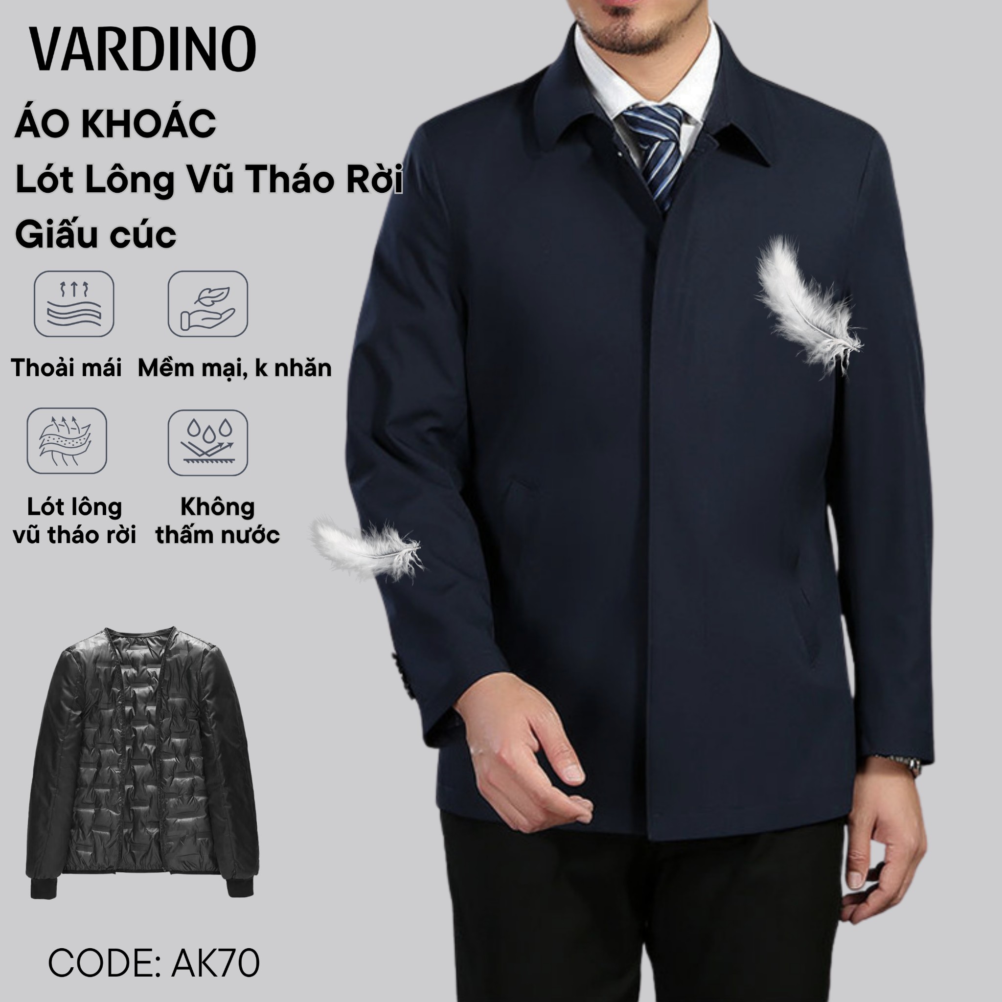 Áo khoác nam chính hãng giấu cúc có lót lông vũ tháo rời Vardino AK7071 - Ảnh 3