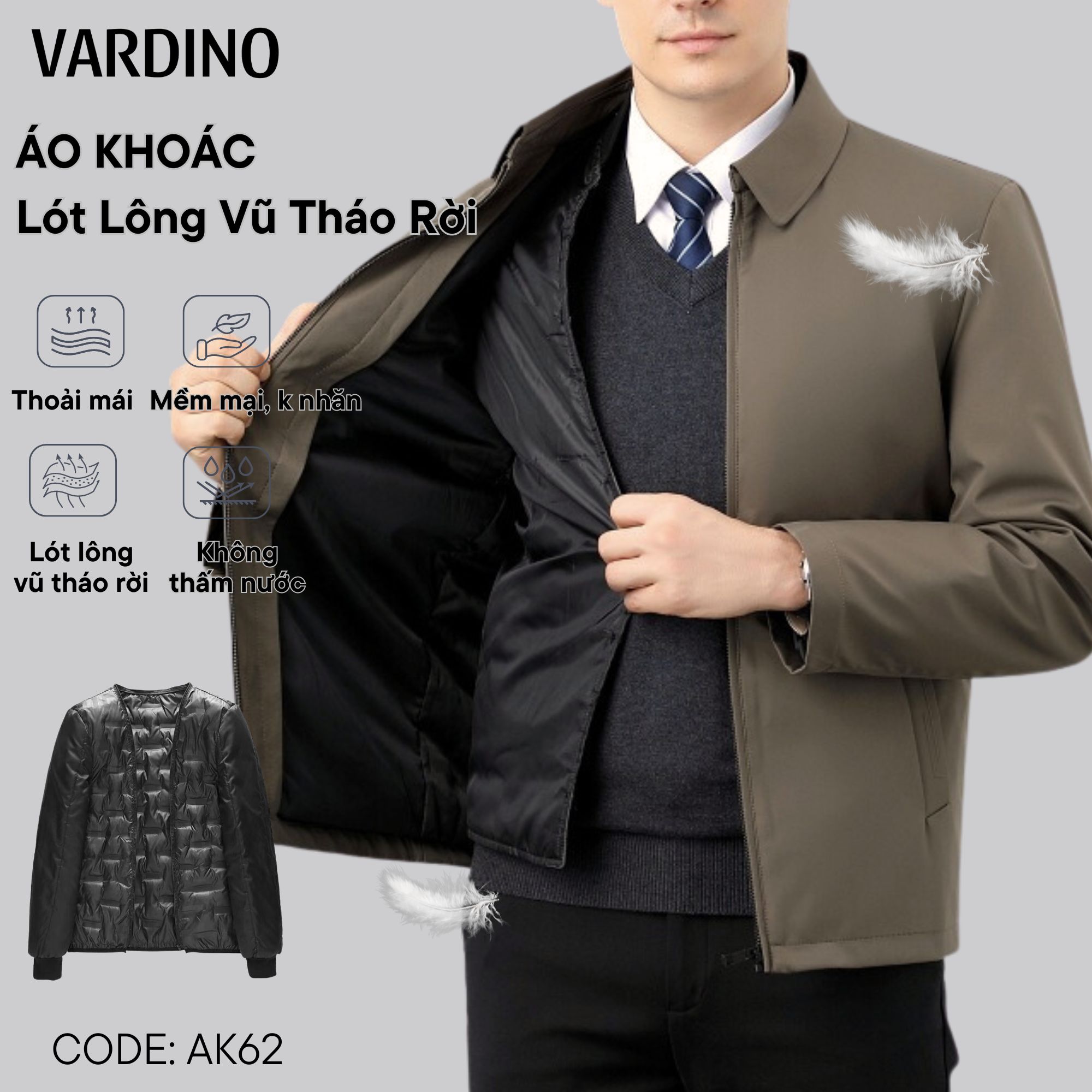 Áo khoác nam trung niên công sở lót lông vũ tháo rời cổ bẻ Vardino AK58-AK62