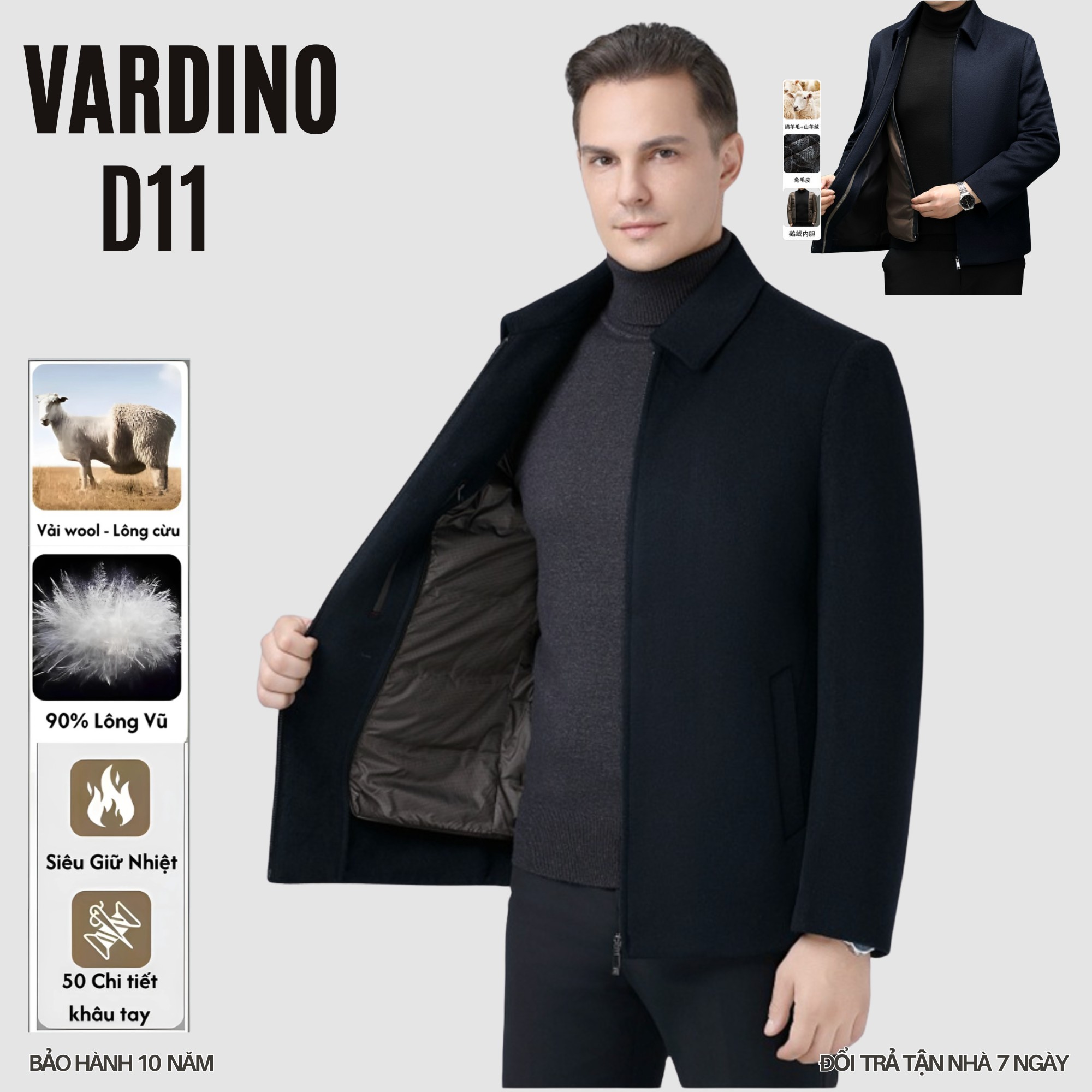 Áo khoác dạ nam có lót lông vũ tháo rời VARDINO D1112
