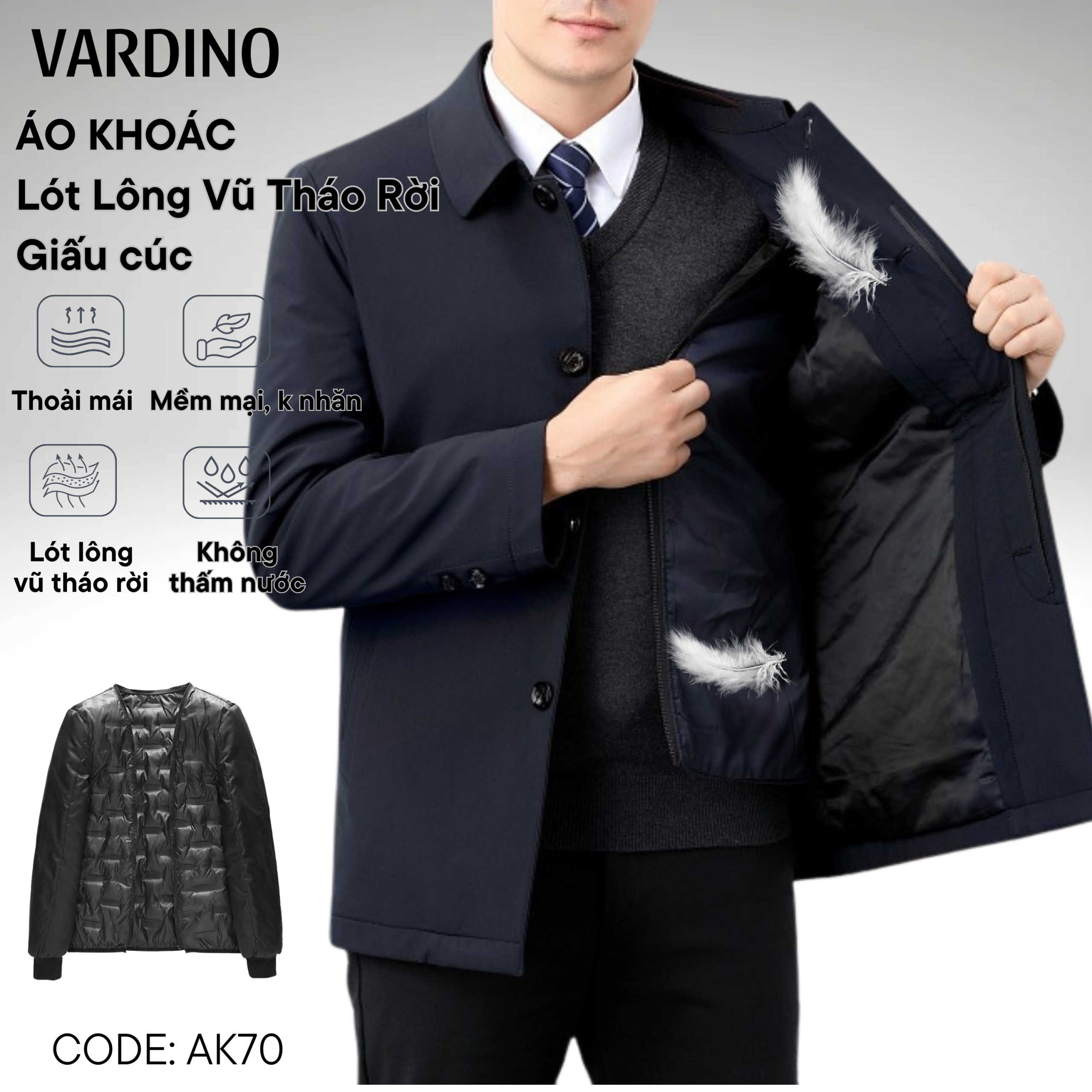 Áo khoác nam chính hãng giấu cúc có lót lông vũ tháo rời Vardino AK7071 - Ảnh 2