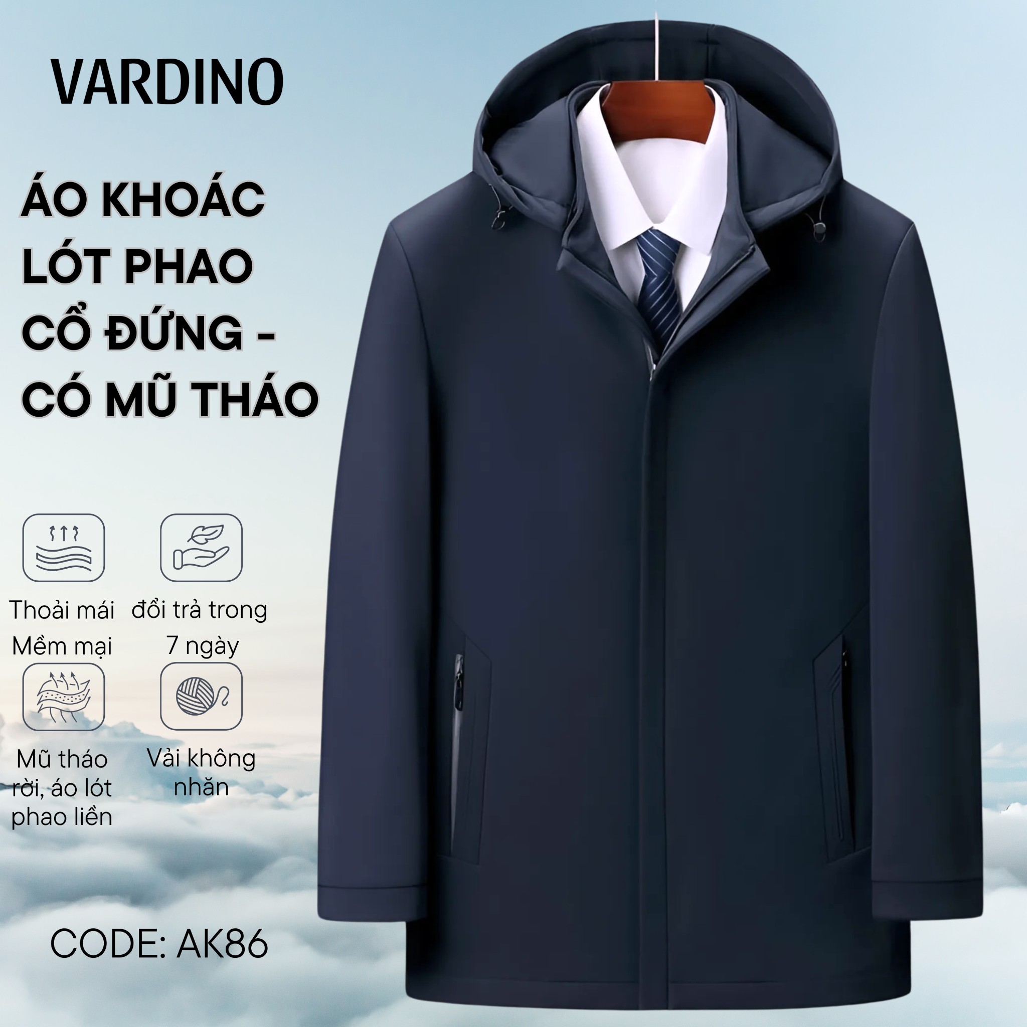 Áo khoác jacket nam có mũ tháo Vardino AK86