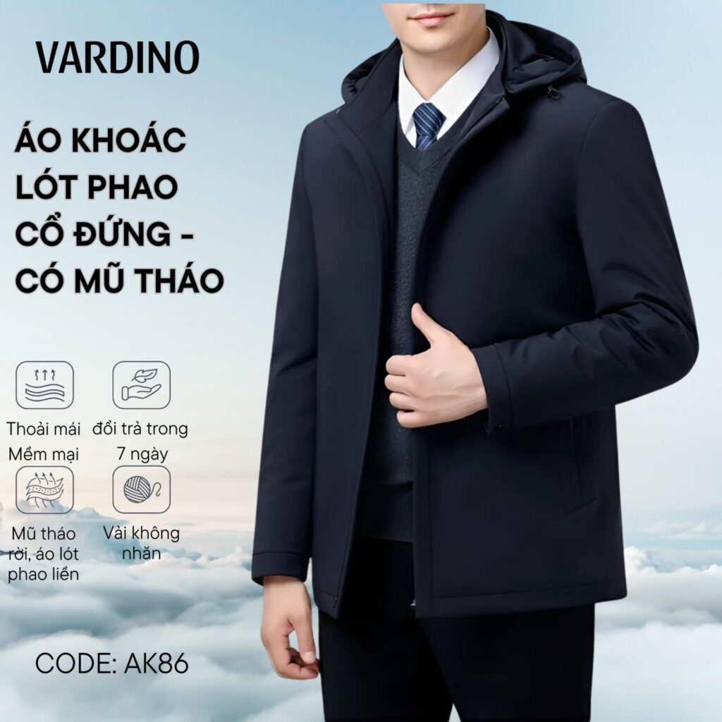 Áo khoác jacket nam có mũ tháo Vardino AK86 4