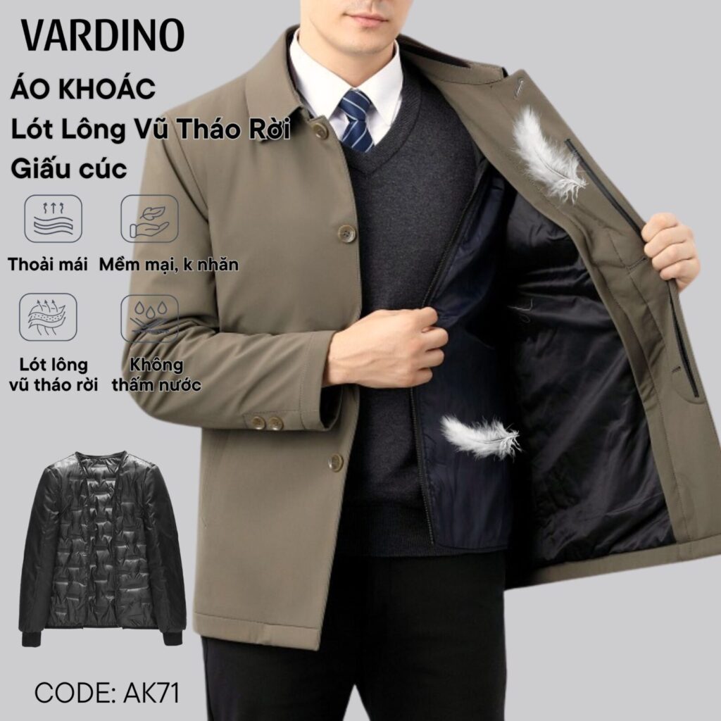 Áo khoác nam chính hãng giấu cúc có lót lông vũ tháo rời Vardino AK7071 3