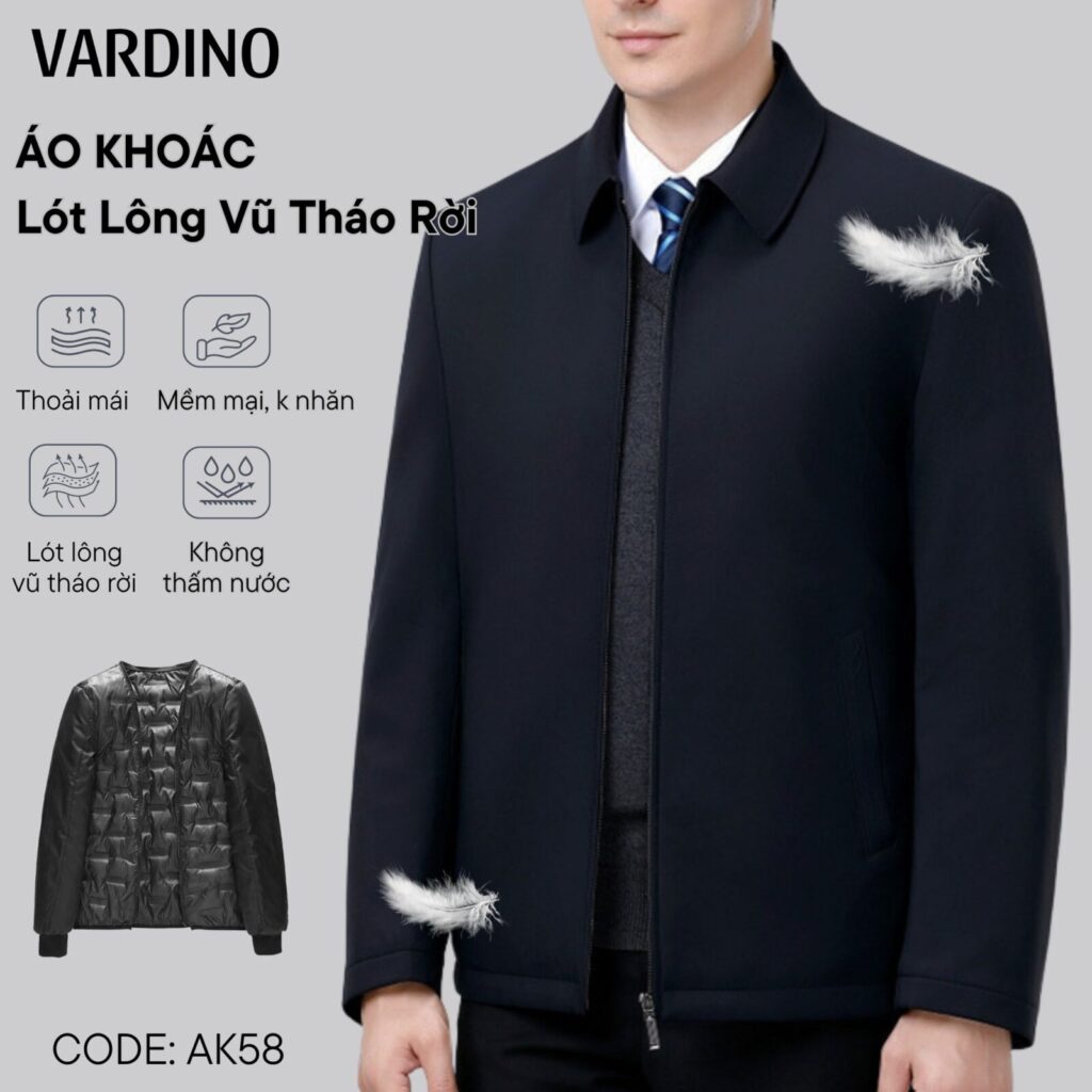 Áo khoác nam trung niên công sở lót lông vũ tháo rời cổ bẻ Vardino AK58-AK62 2