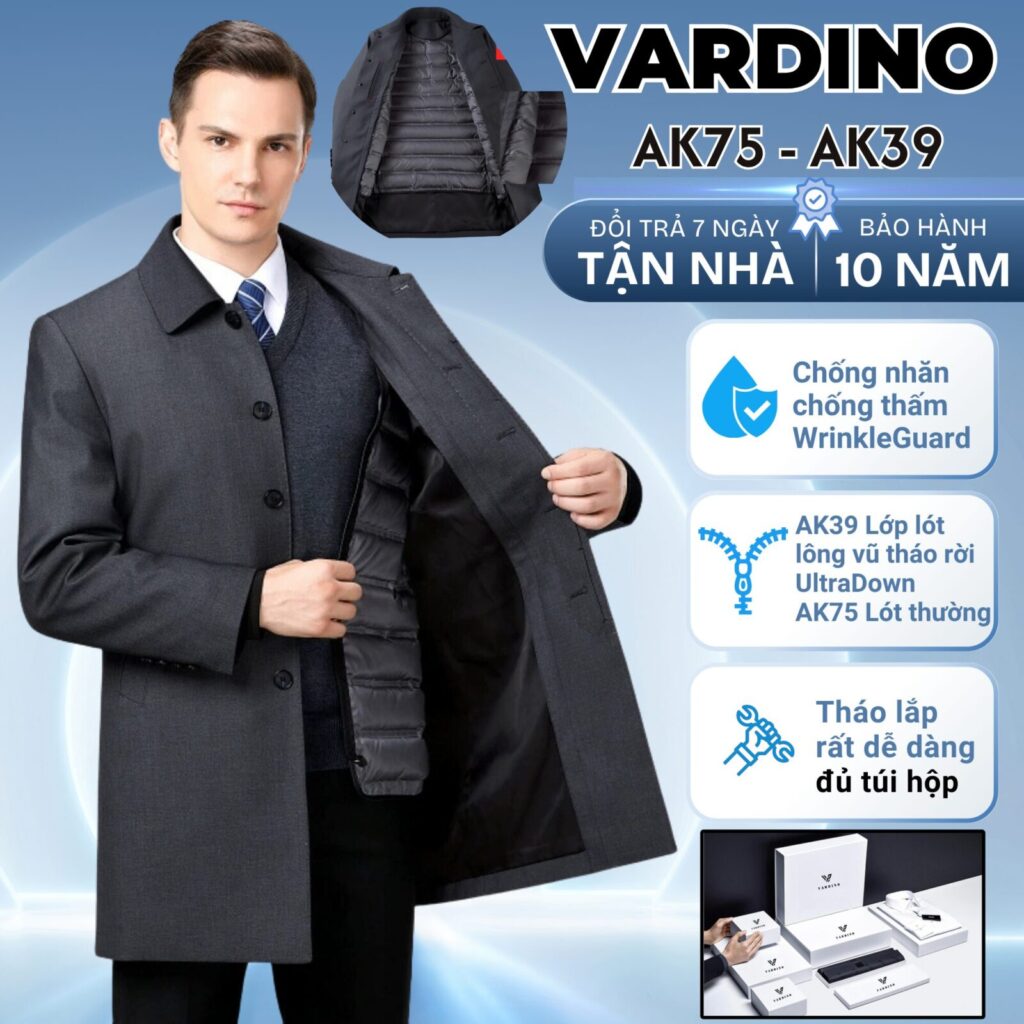 áo mangto nam chống nhăn có lót lông vũ tháo rời Vardino AK38-AK39 2