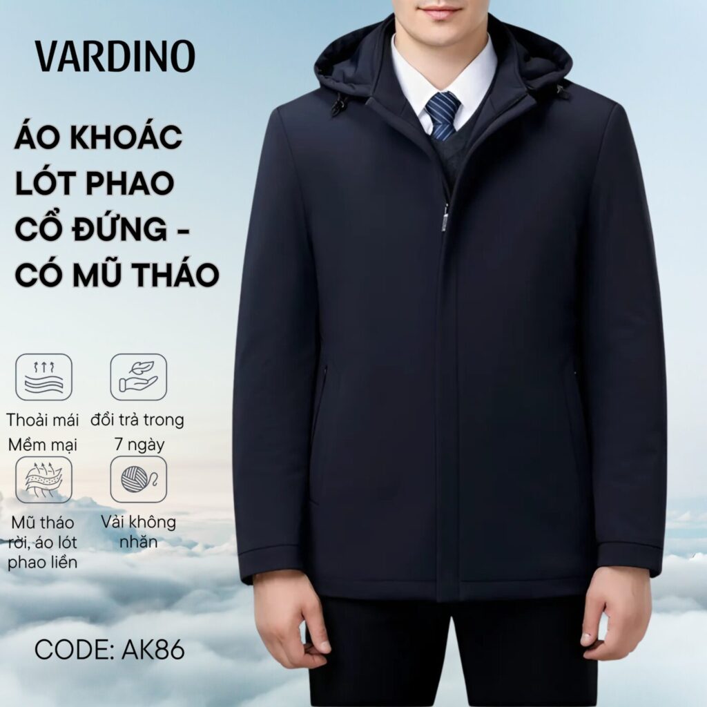 Áo khoác jacket nam có mũ tháo Vardino AK86 2