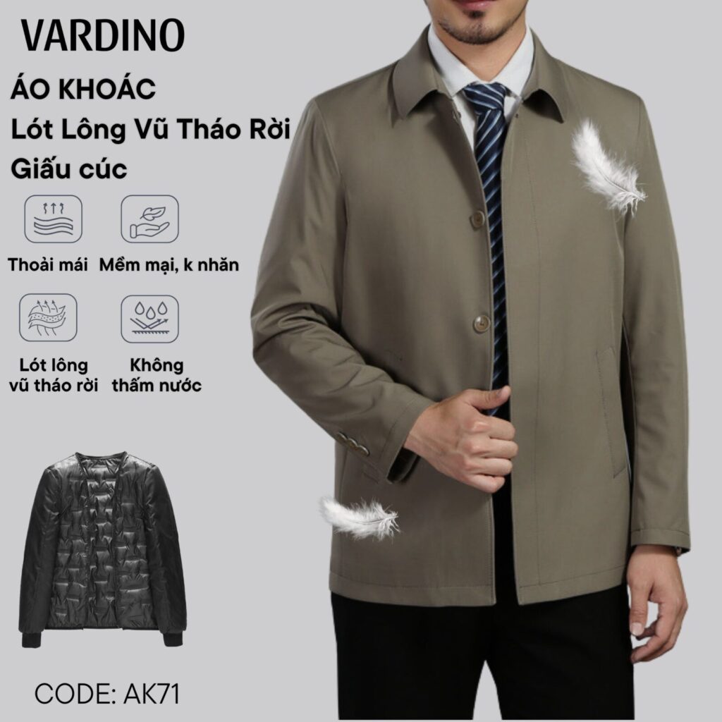 Áo khoác nam chính hãng giấu cúc có lót lông vũ tháo rời Vardino AK7071 2