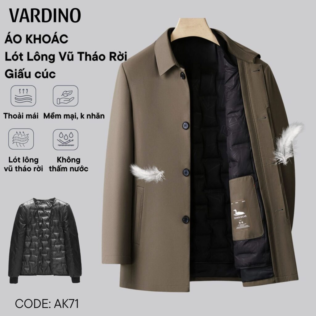 Áo khoác nam chính hãng giấu cúc có lót lông vũ tháo rời Vardino AK7071 4