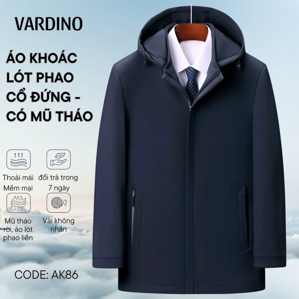 Áo khoác jacket nam có mũ tháo Vardino AK86 3