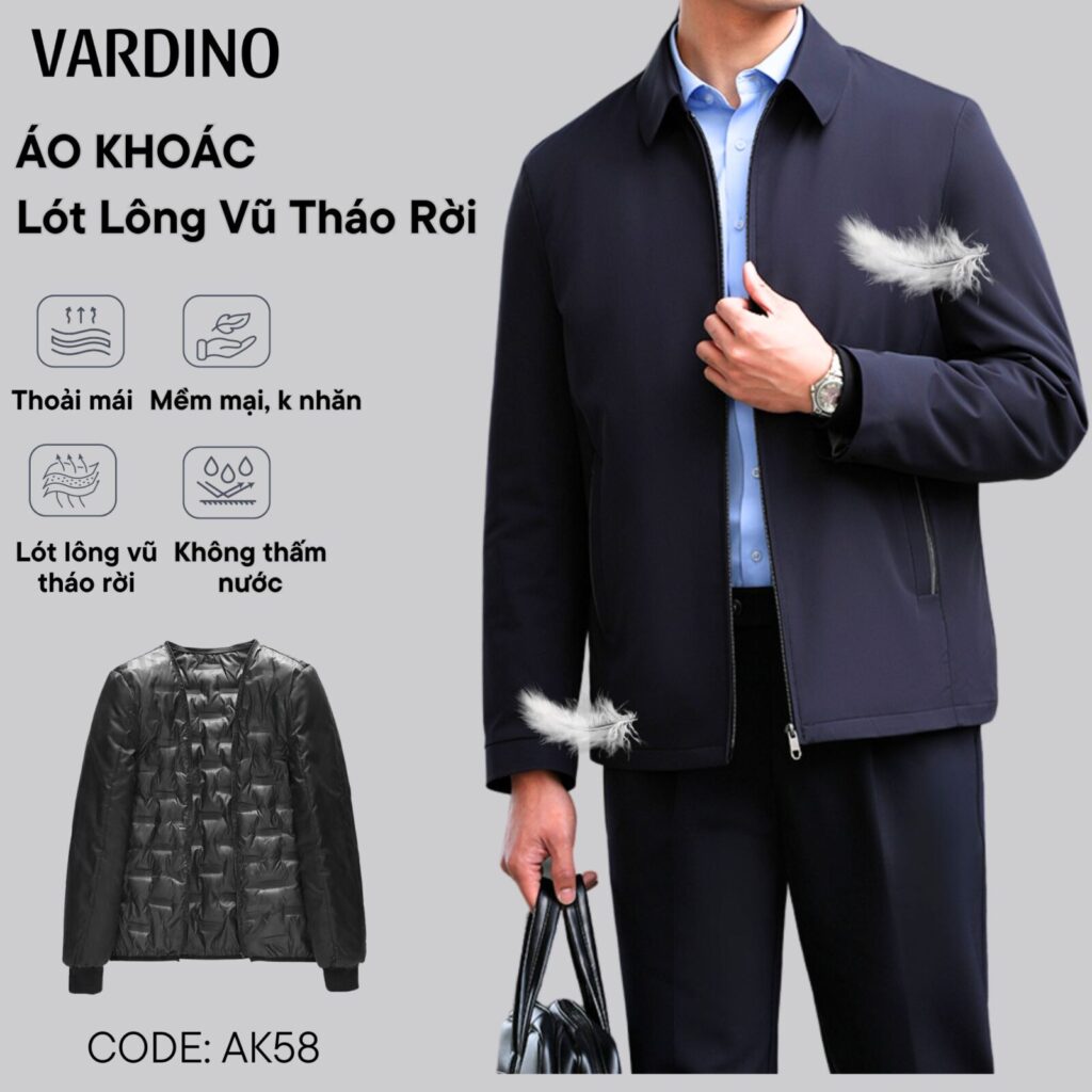 Áo khoác nam trung niên công sở lót lông vũ tháo rời cổ bẻ Vardino AK58-AK62 4